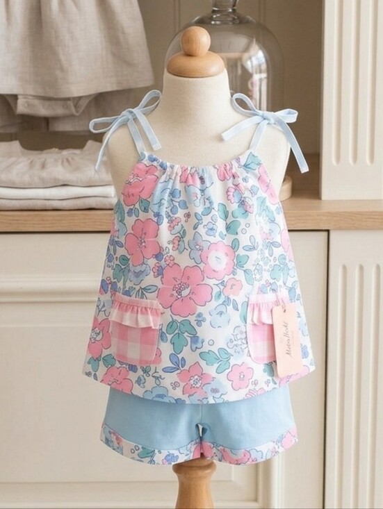 Marie Nicole Other - Marie Nicole Pink & Blue Gingham Floral Bloomers Outfit Sz 6-12M